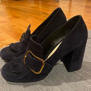 Prada fringe blue suede block heel